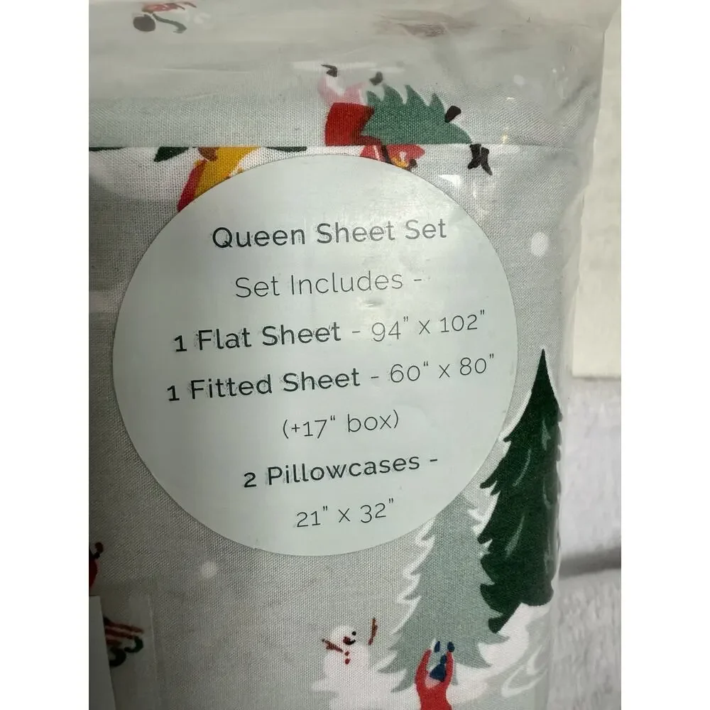 New Cath Kidston Queen 4 Piece 100% Cotton Sheet Set London Snow Day Duckegg